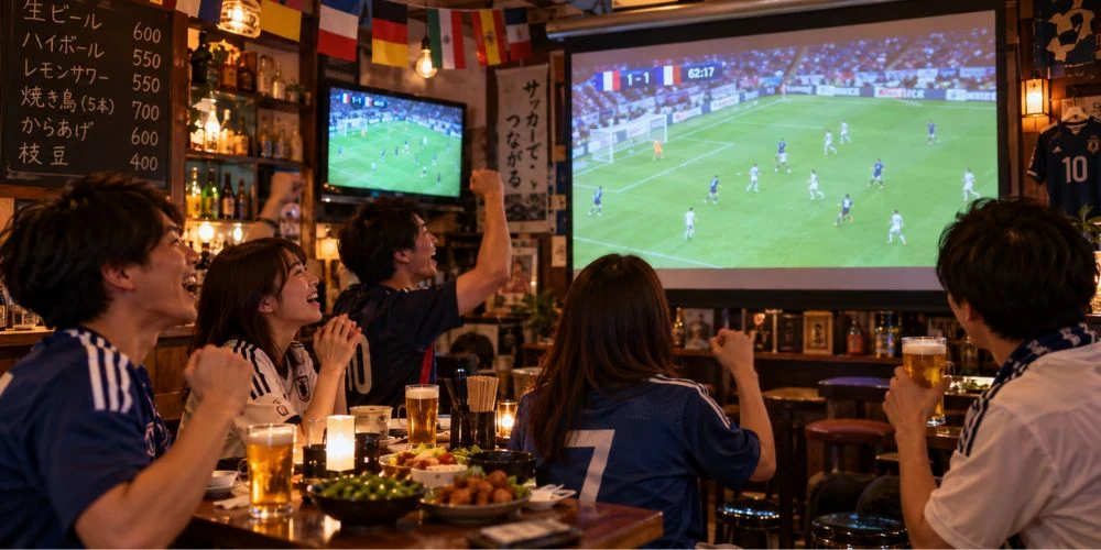 店内のテレビでサッカーの国際試合を観戦するお客さん