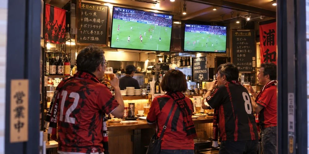 居酒屋で試合を観戦して盛り上がるファン
