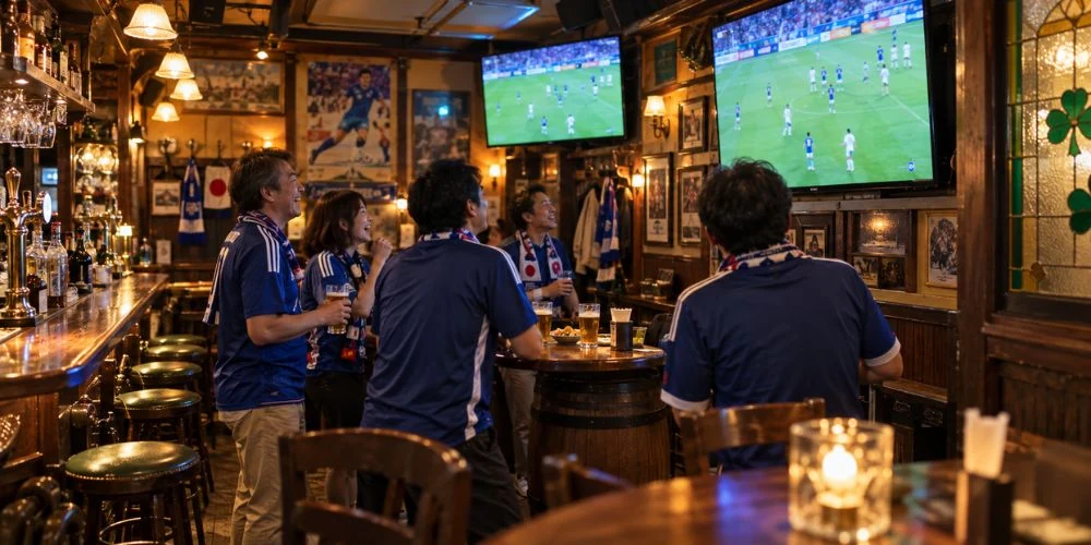 居酒屋のテレビで日本代表戦を観戦して盛り上がるサポーター