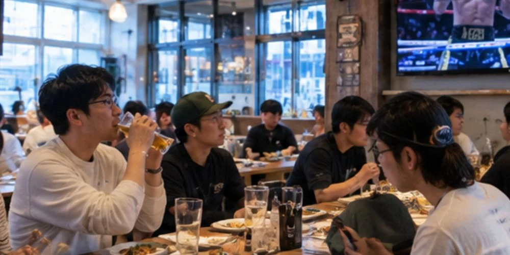 店内のテレビでボクシングの試合を観戦するお客さん