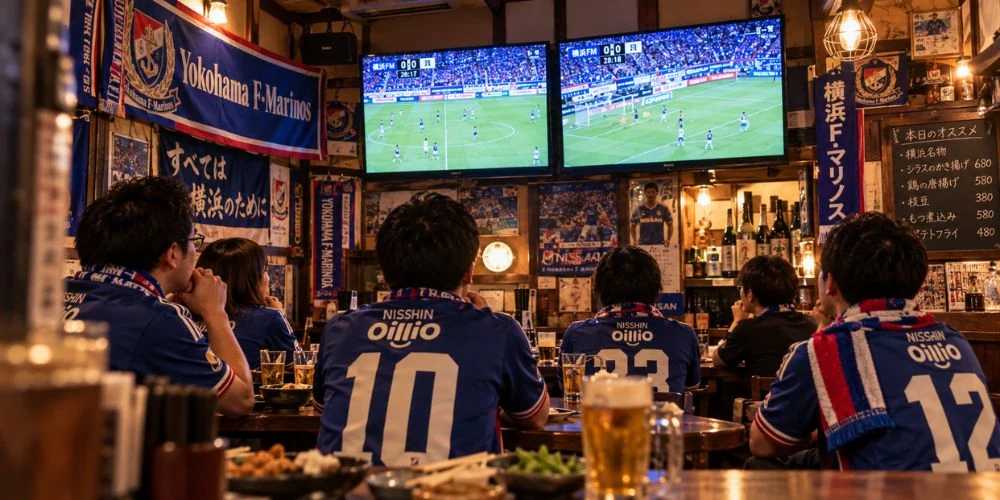飲食店のテレビで試合を観戦するサポーター