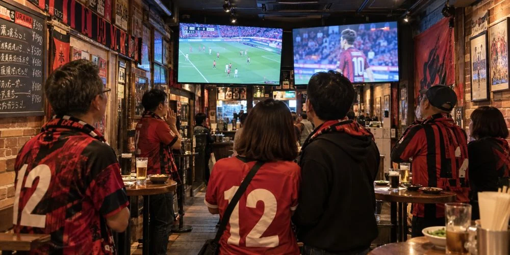 飲食店のテレビで試合を観戦して盛り上がるサポーター